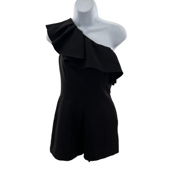 Aqua Black Knit One Shoulder Ruffle Short Romper Women Sz S NWT - Picture 2 of 8